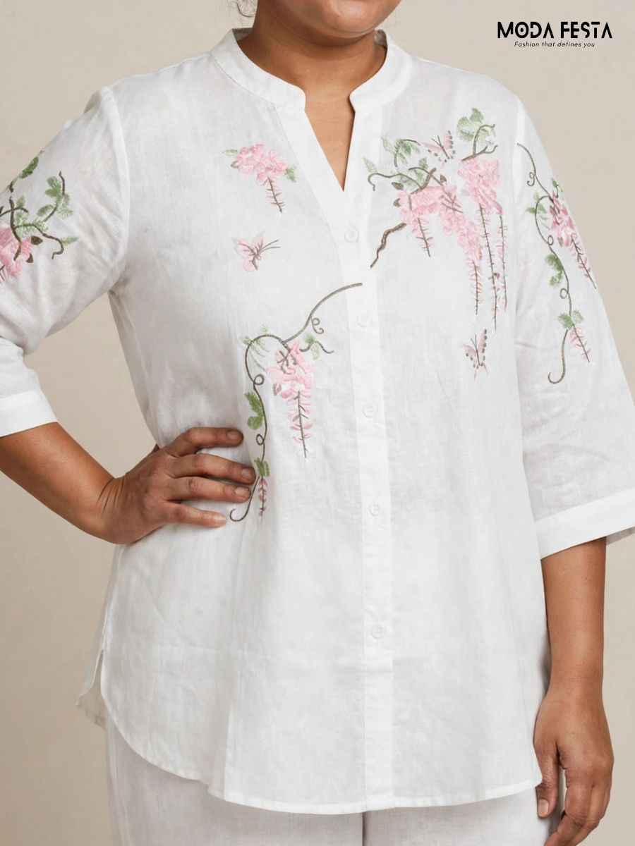 White Floral and Butterfly Embroidered Casual Shirt