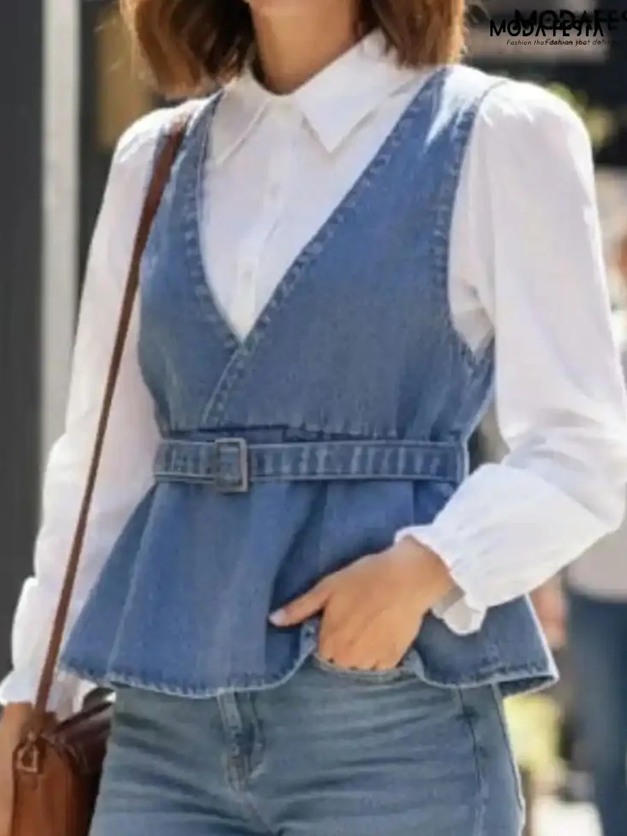 Elegant Two Pis Denim Top With Belt Styling