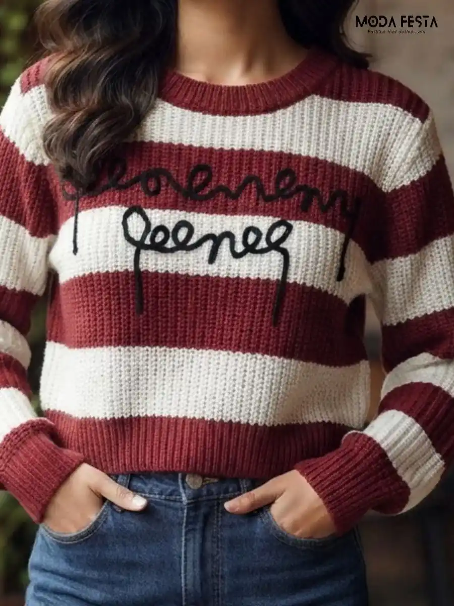 Maroon and White Striped Embroidered Crop Top