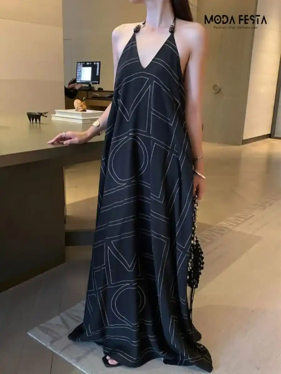 Stylish Black Printed Halter Neck Dress