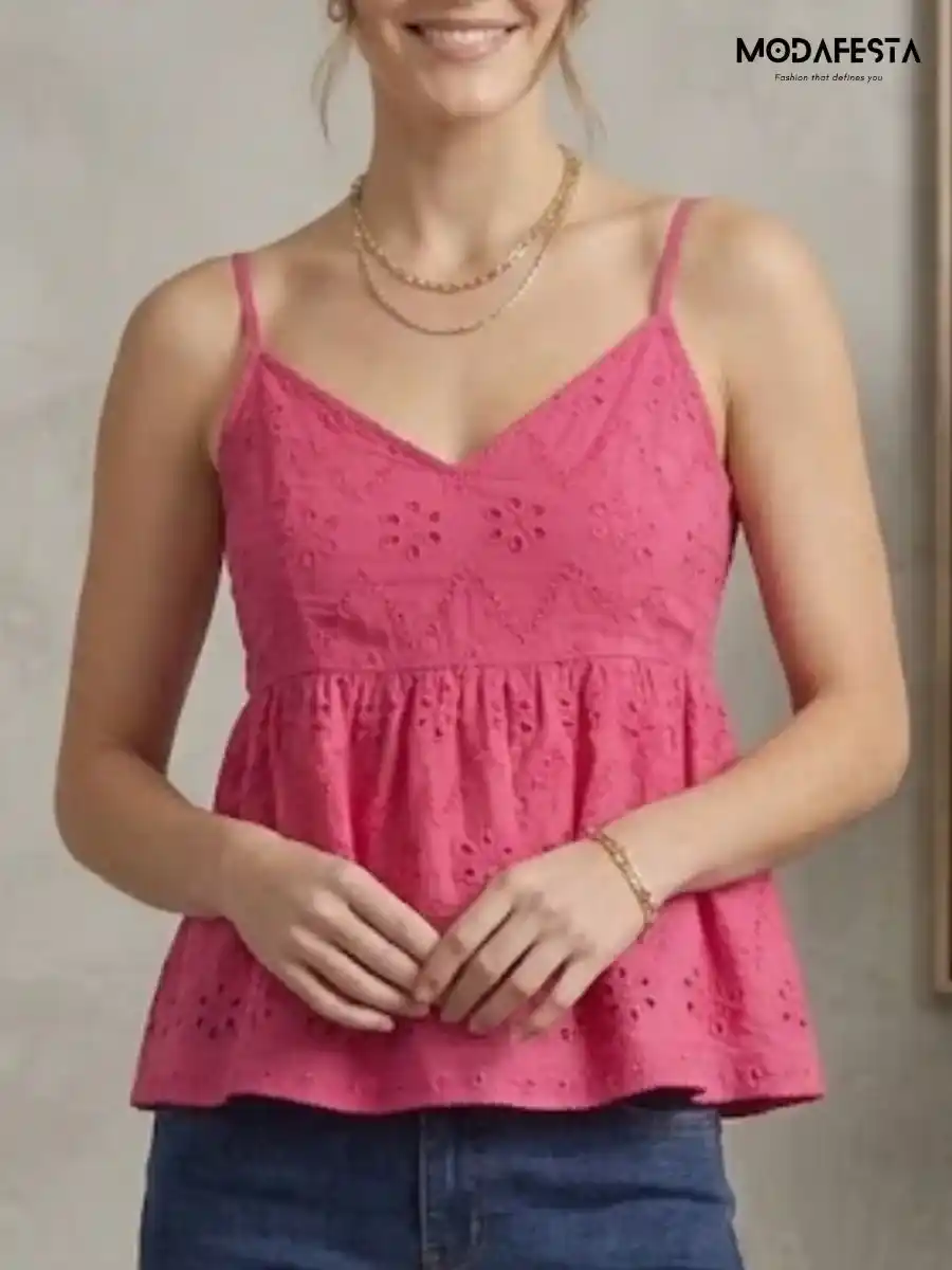 ModaFesta -elegant-cutwork-chikan-spegeti-top-pink
