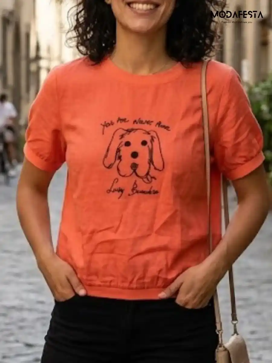 ModaFesta -elegant-dog-print-graphic-top-orange