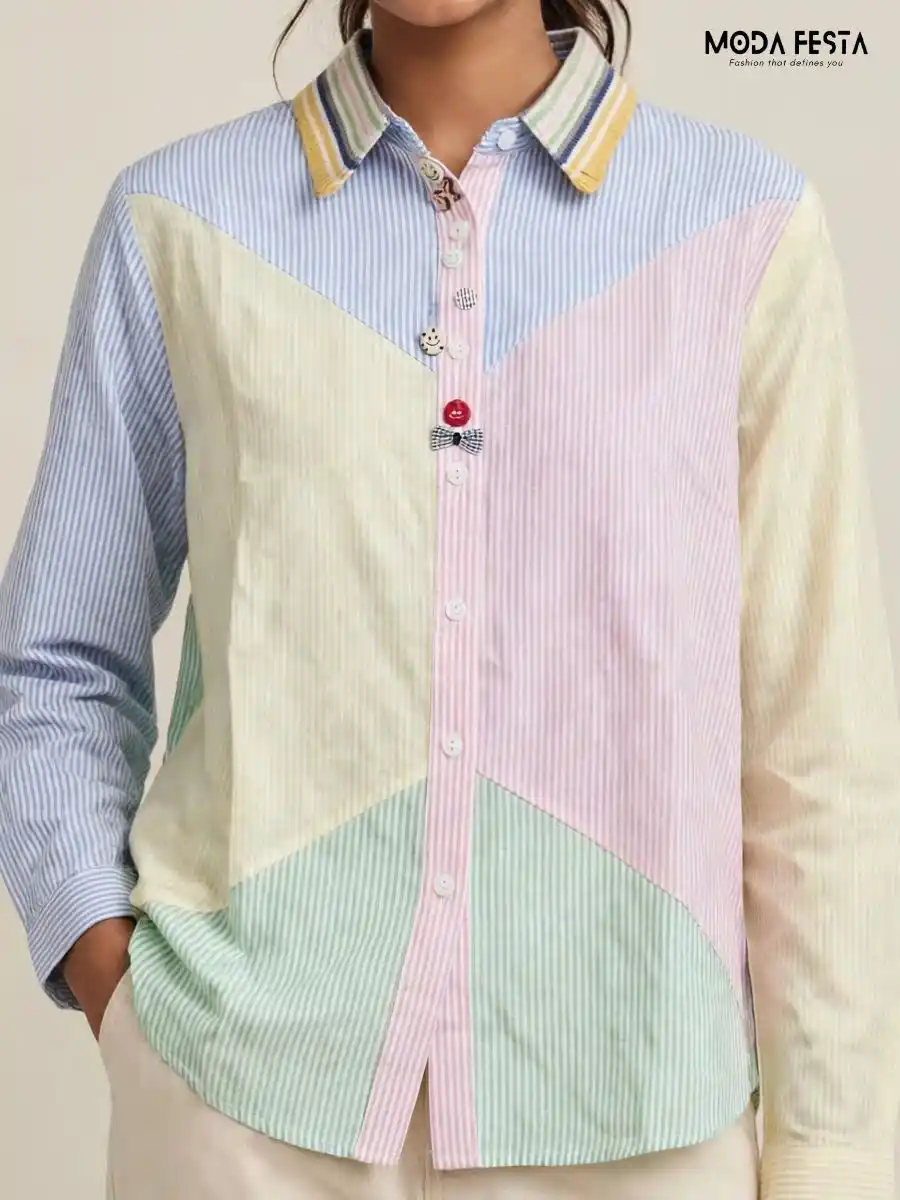 Pastel Colorblock Striped Long-Sleeve Shirt
