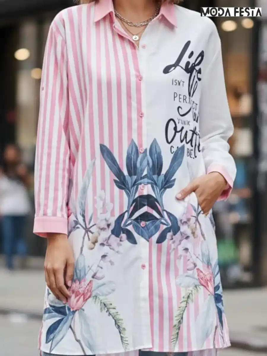 ModaFesta -elegant-floral-striped-long-shirt-pink