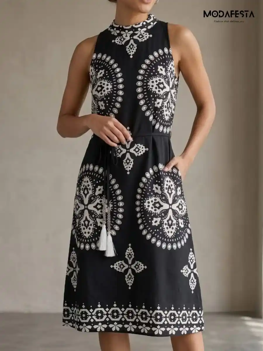 ModaFesta -elegant-black-abstract-print-dress-with-belt-black