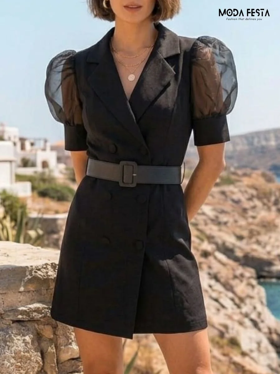 ModaFesta -black-double-breasted-blazer-dress-with-sheer-puff-sleeves