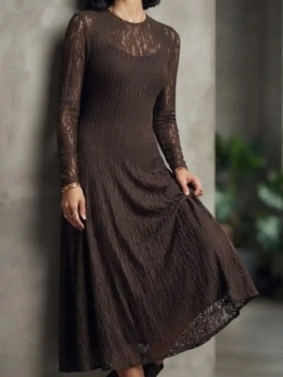 ModaFesta -brown-lace-long-sleeve-a-line-midi-dress