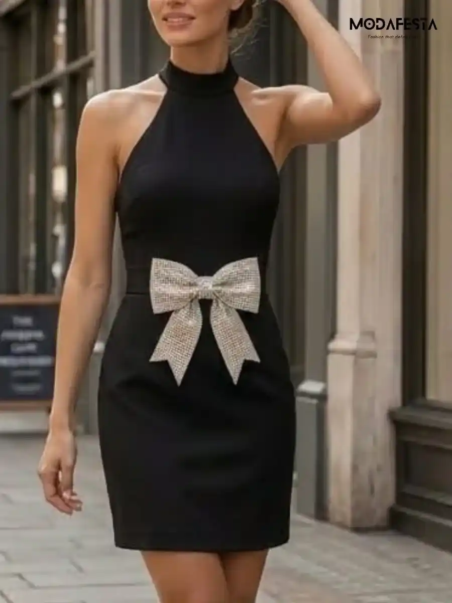 ModaFesta -elegant-halter-neck-rhinestone-bow-dress-black