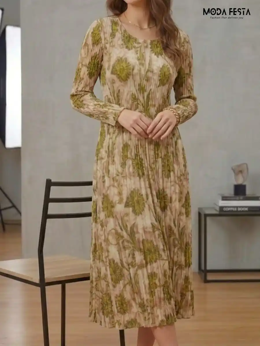 ModaFesta -green-floral-print-pleated-midi-dress