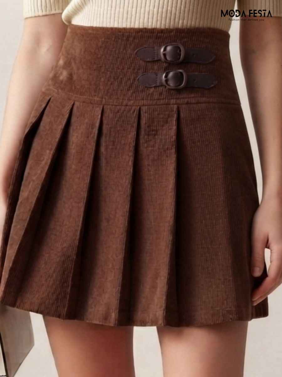 ModaFesta -brown-corduroy-pleated-mini-skirt-with-buckle-detail
