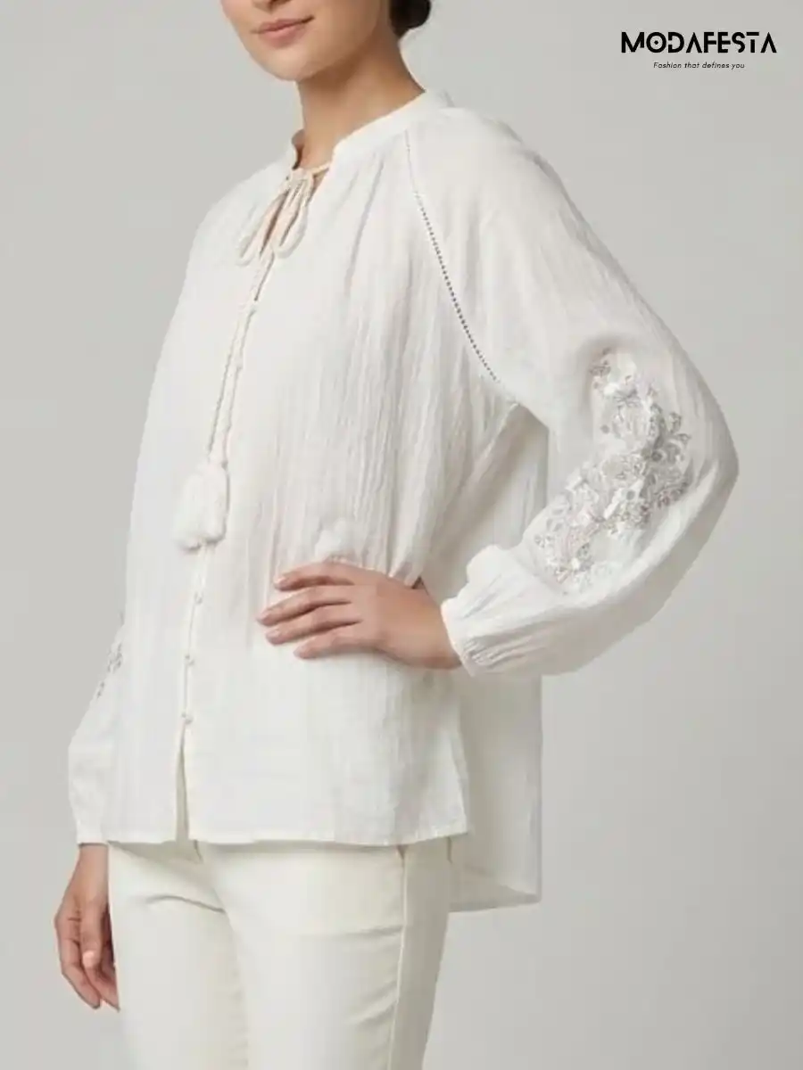ModaFesta -elegant-v-neck-top-embroidered-work-on-sleeve-white