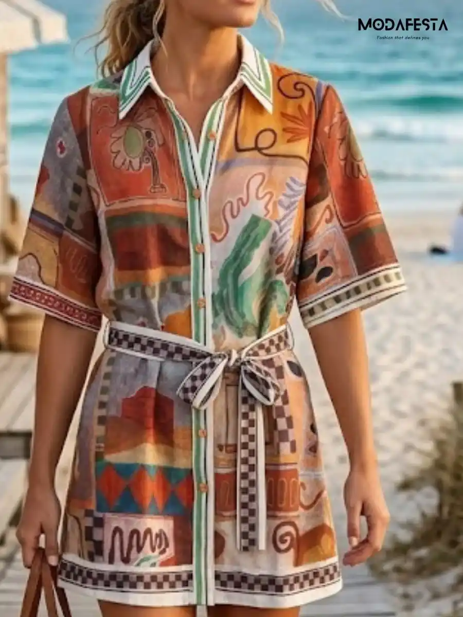 Elegant Abstract Print Mini Shirt Dress