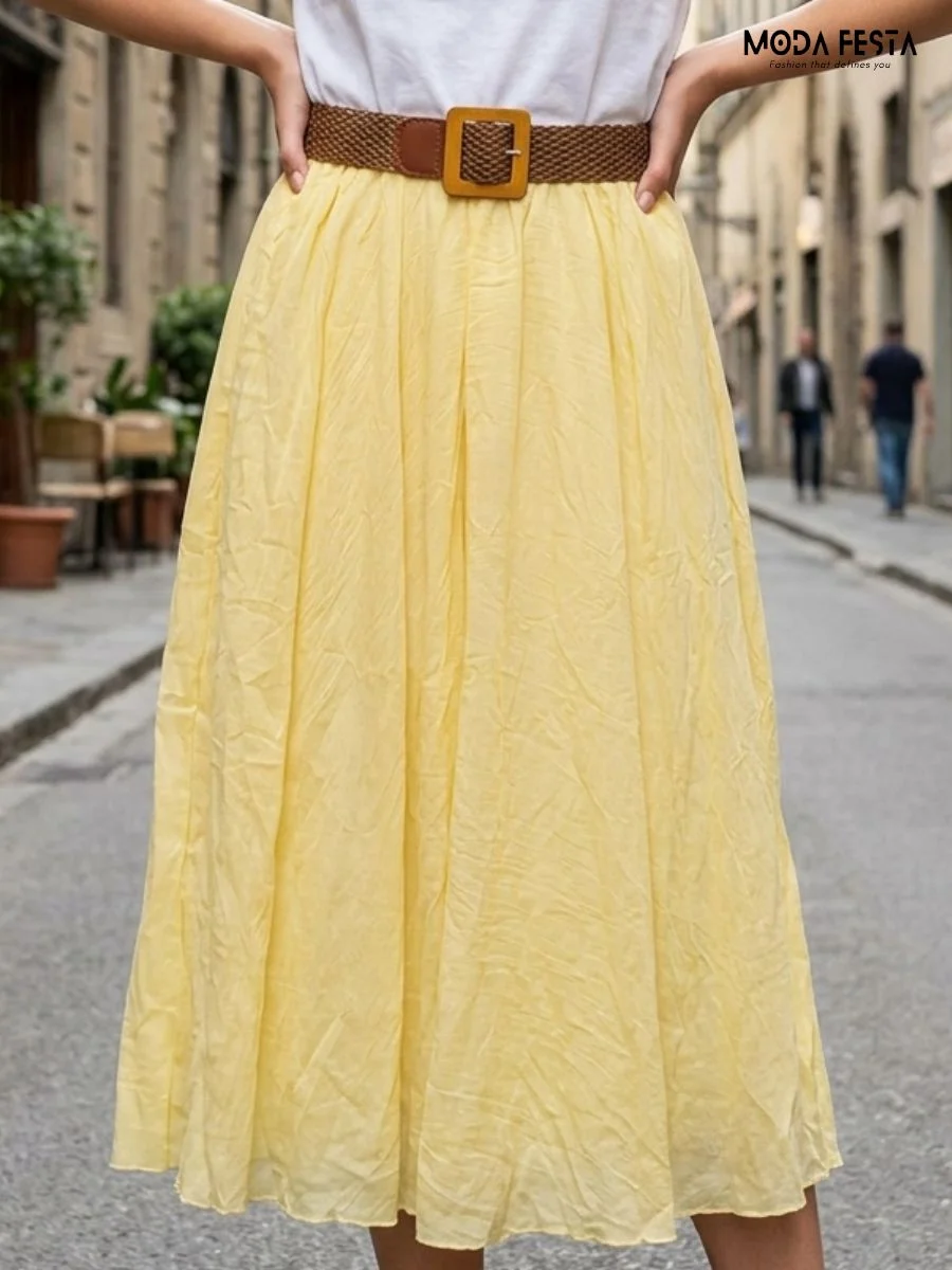 Pleated Yellow Midi Skirt