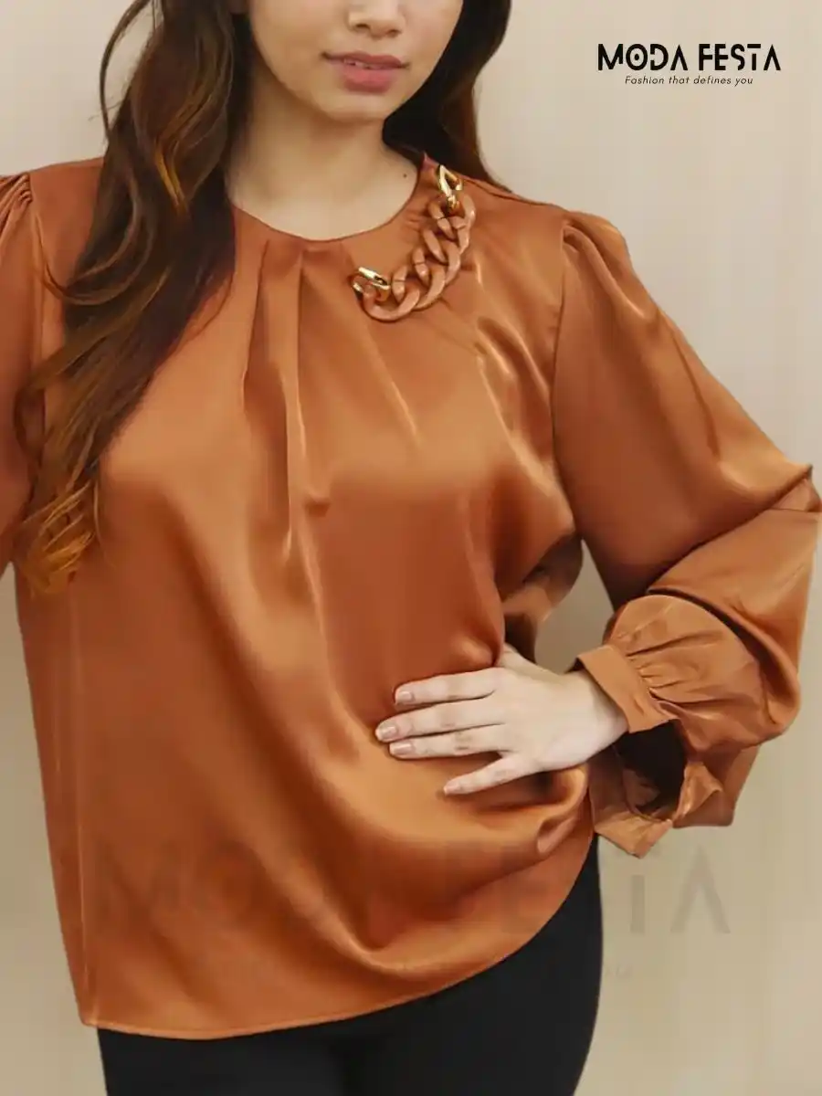 ModaFesta -stylish-cuffed-satin-top-orange