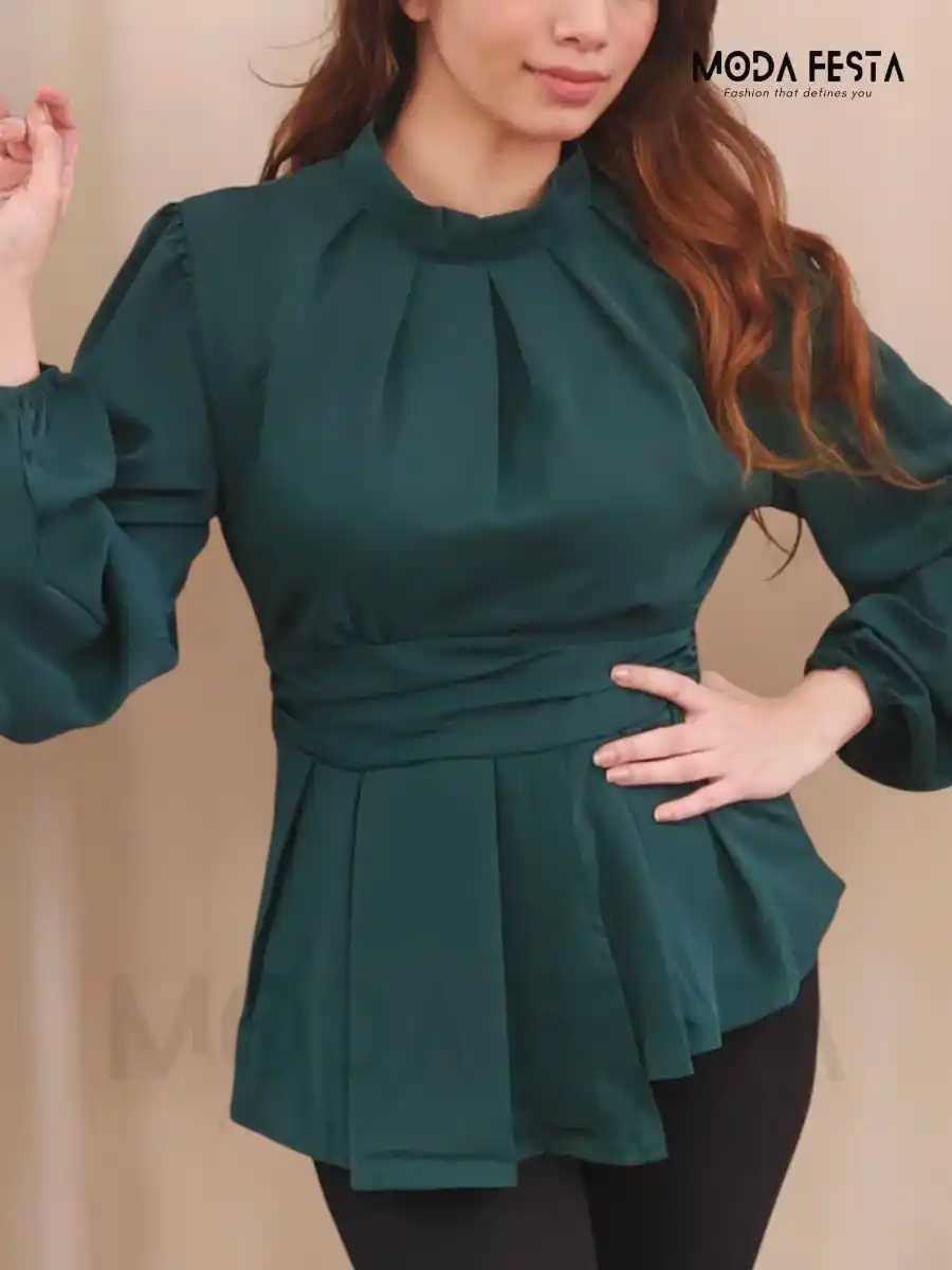 ModaFesta -green-high-neck-peplum-top