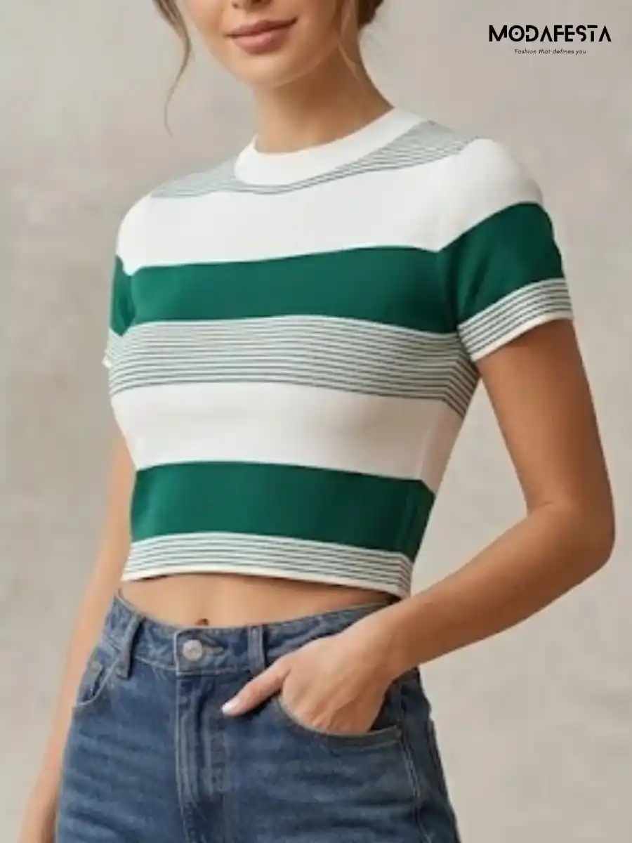 ModaFesta -elegant-green-and-white-striped-crop-t-shirt
