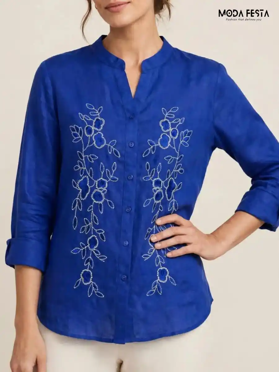 ModaFesta -royal-blue-floral-embroidered-button-down-top