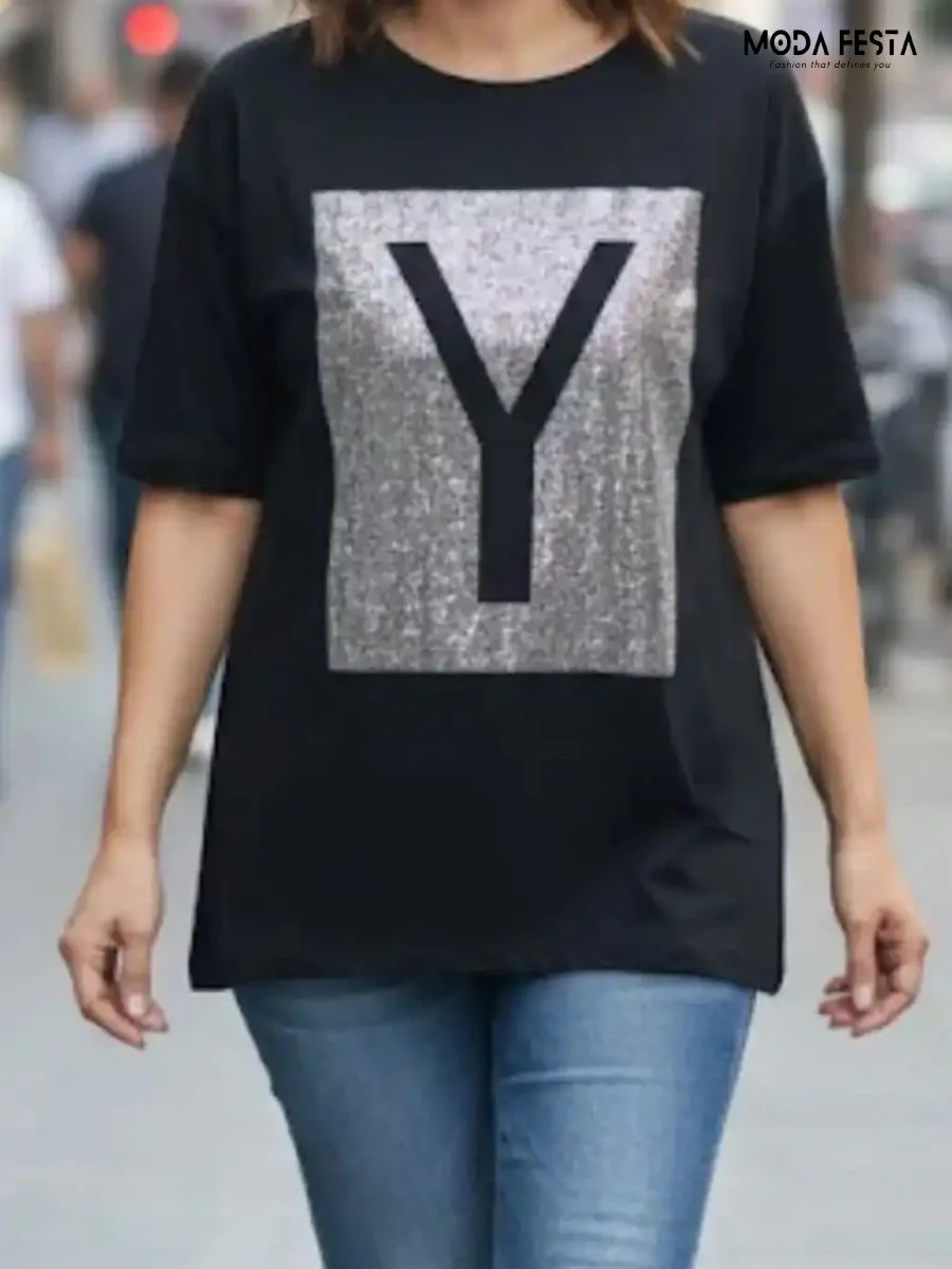Elegant Sequin Y Oversize T Shirt