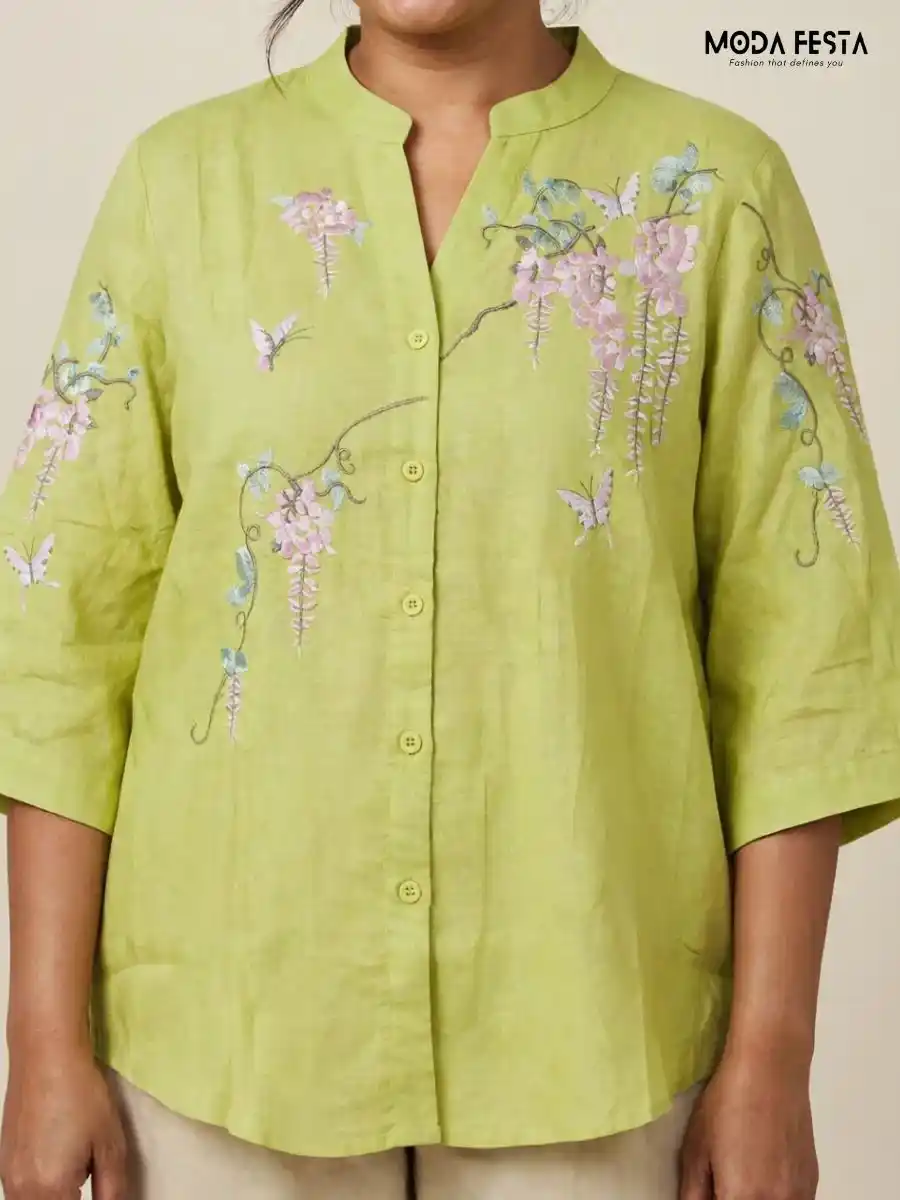Green Floral Embroidered Casual Shirt