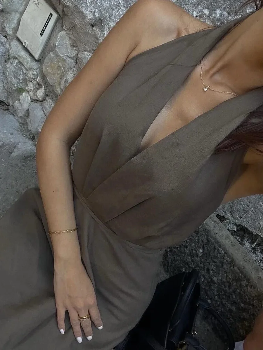 ModaFesta -linen-halter-midi-dress-dark-green