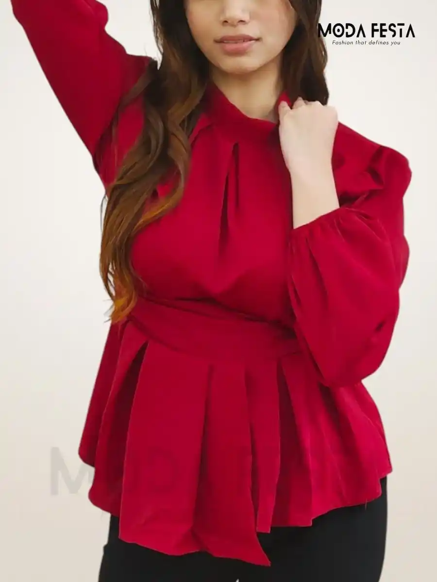 ModaFesta -red-high-neck-peplum-top