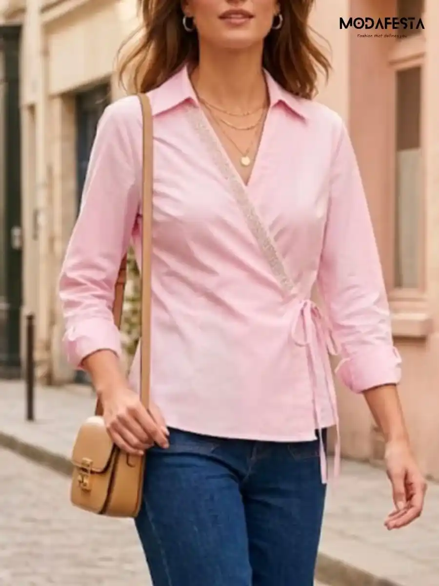 Elegant V Neck Embellished Wrap Top