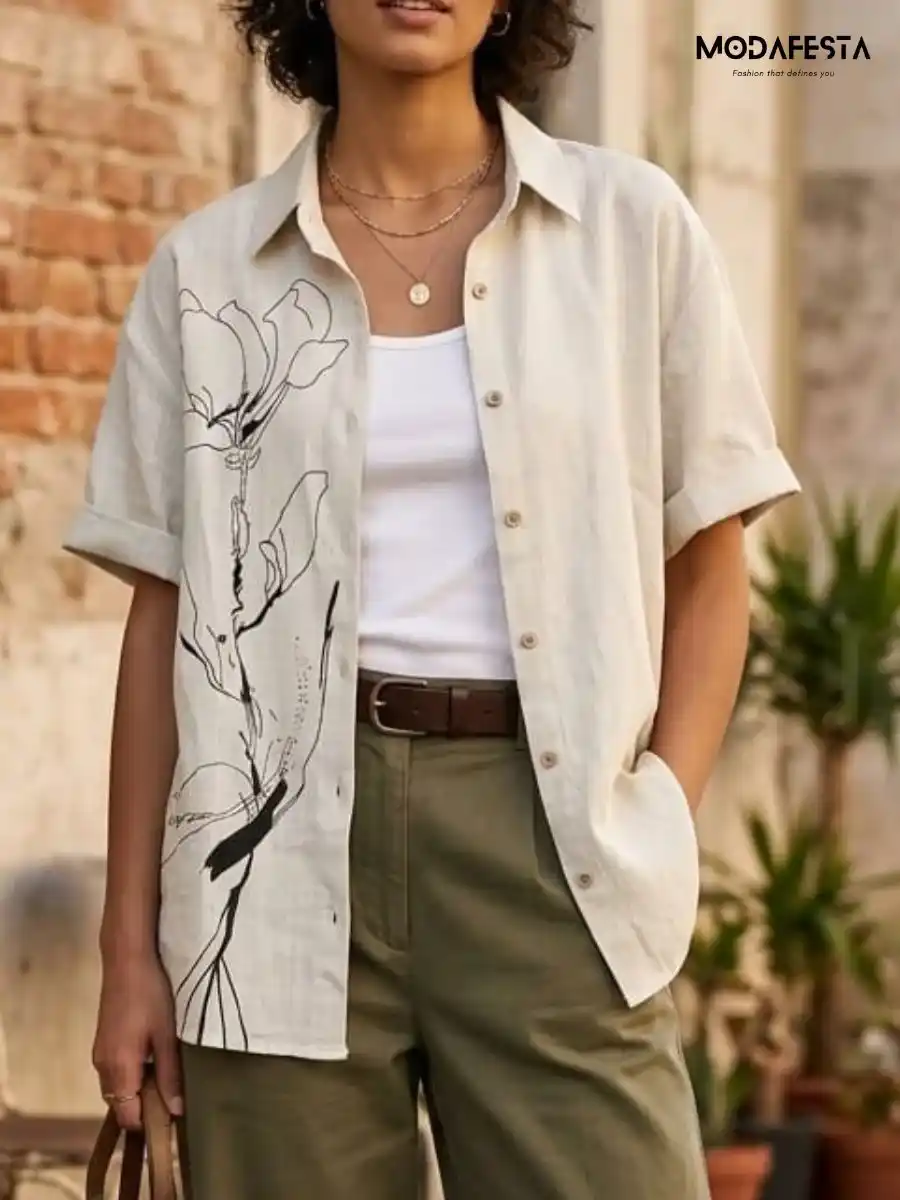 ModaFesta -classy-graphic-floral-long-linen-shirt-beige