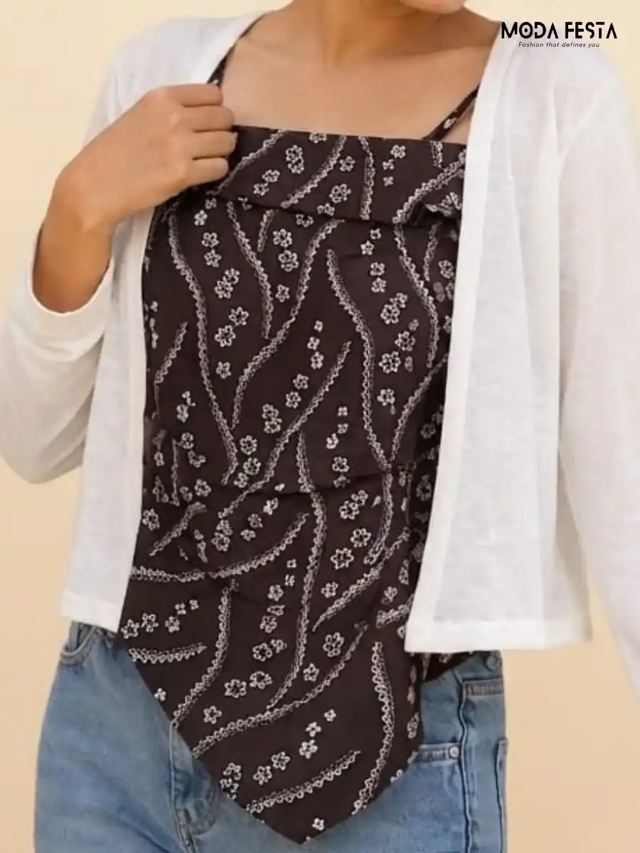 Brown Floral Print Asymmetric Hem Cami Top with White Shrug
