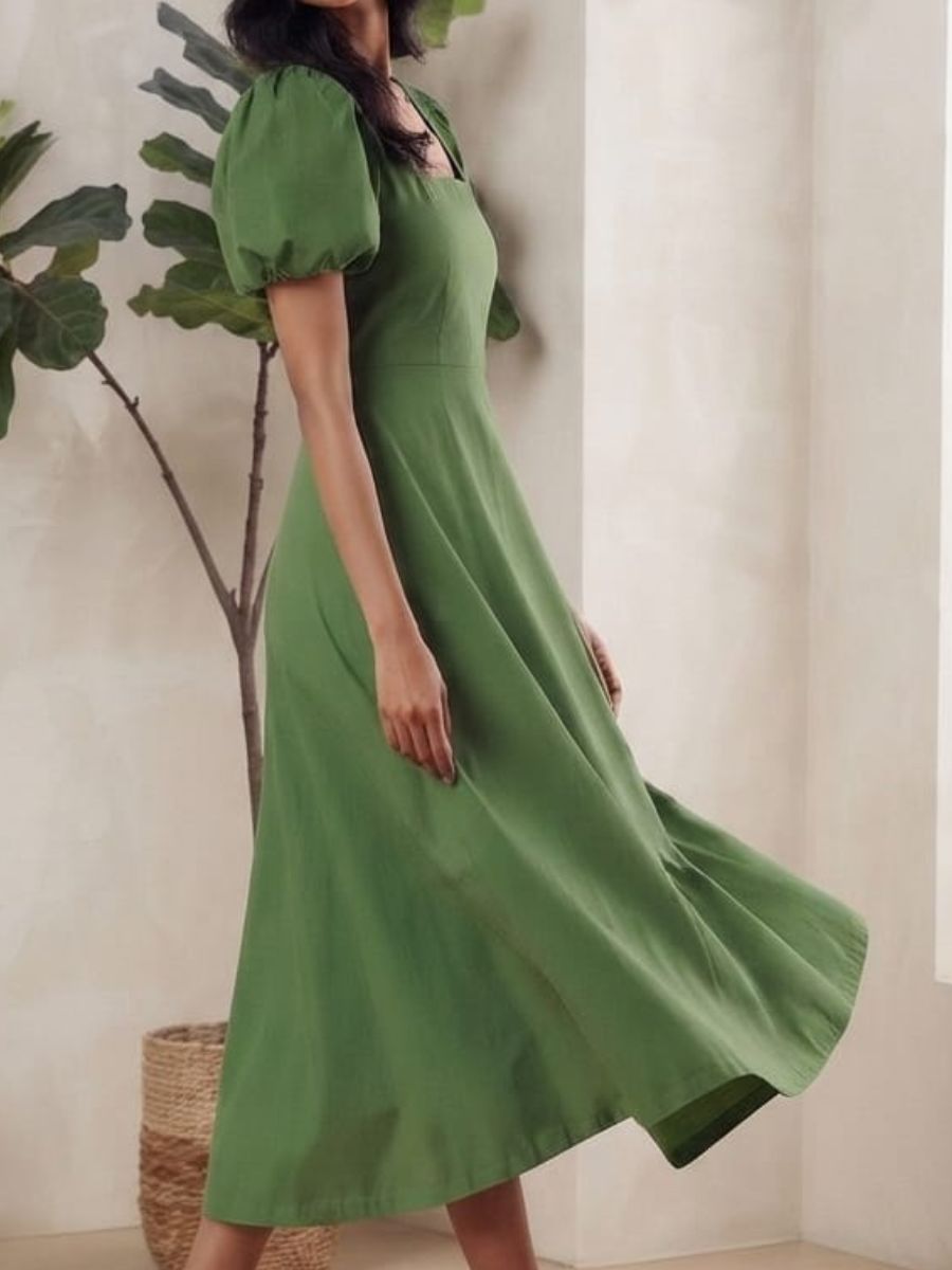 ModaFesta -green-square-neck-puff-sleeve-midi-dress