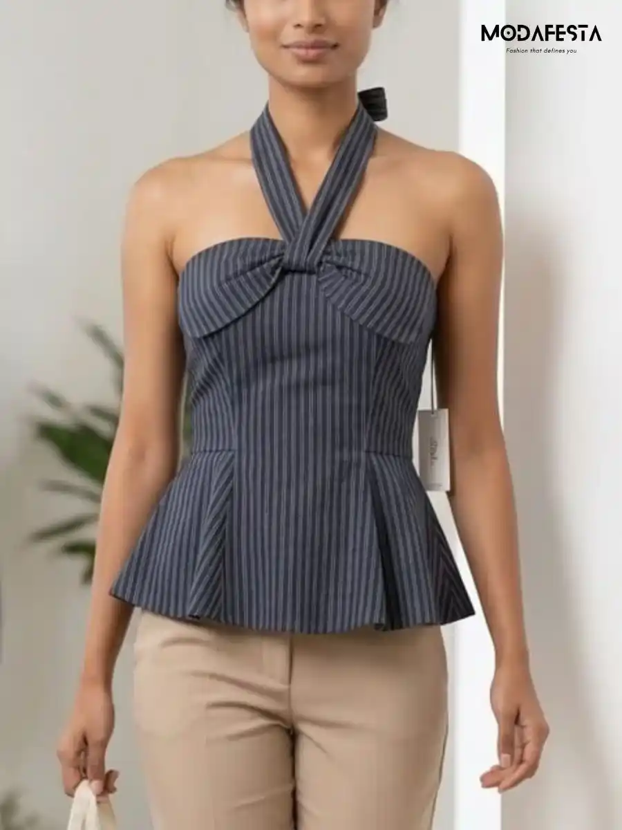 ModaFesta -elegant-stripe-halter-neck-top-navy-blue