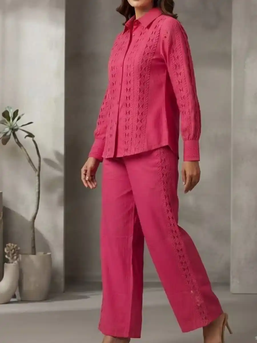 ModaFesta -fuchsia-intricate-cutwork-detailed-shirt-wide-leg-pants-coord-set