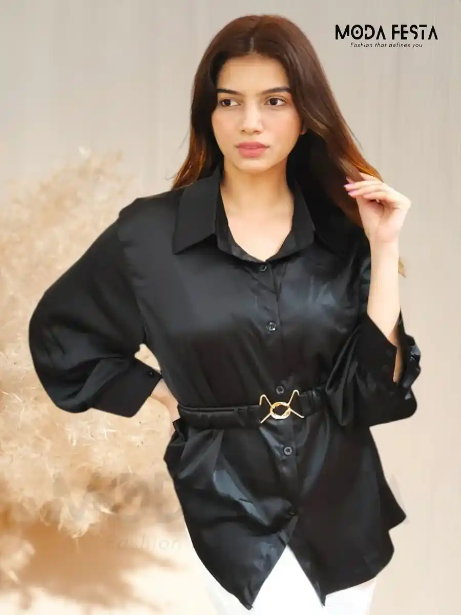 ModaFesta -black-shirt-with-stylish-belt-for-women
