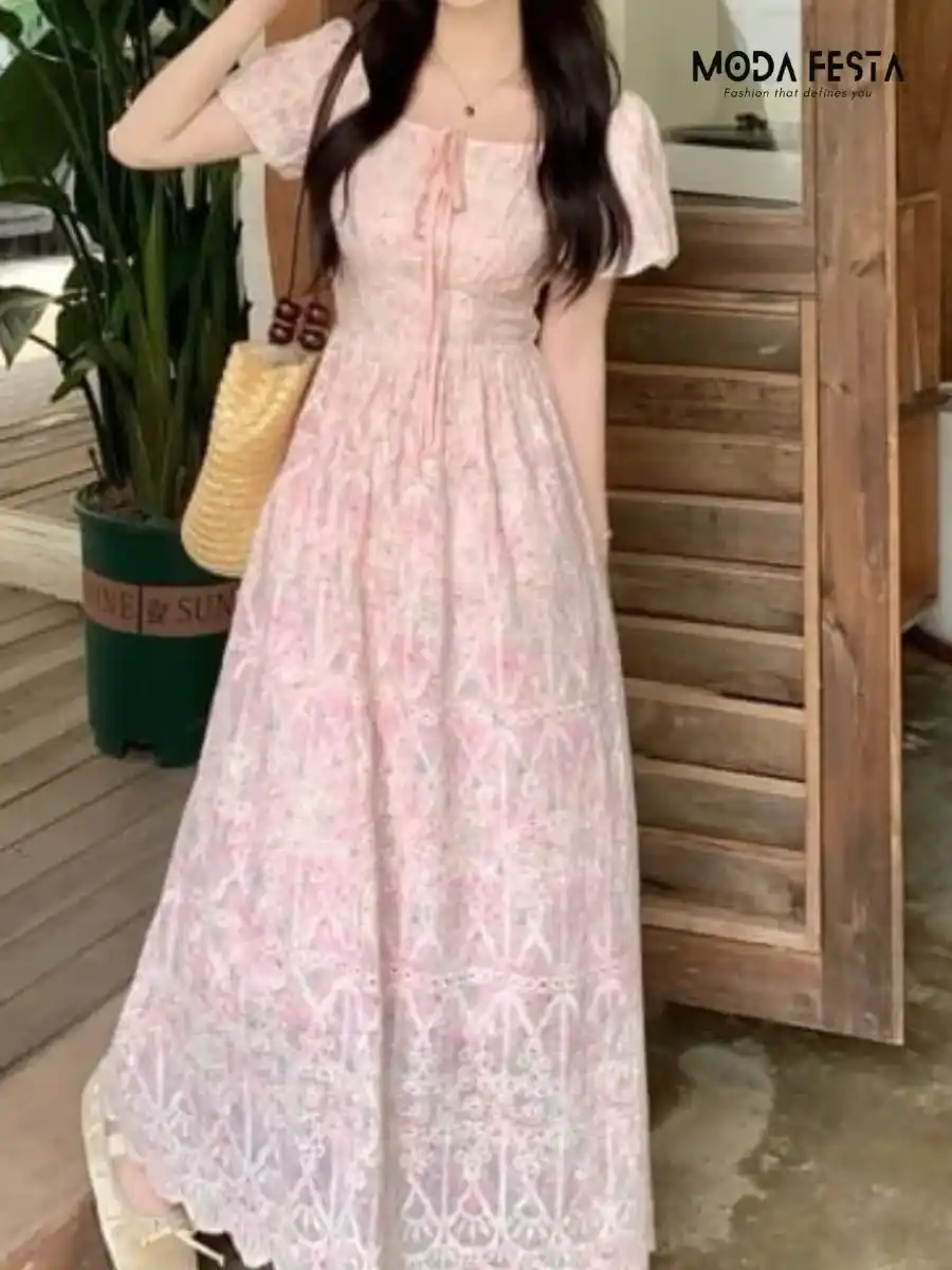 ModaFesta -style-embroidered-puff-slevees-dress-pink