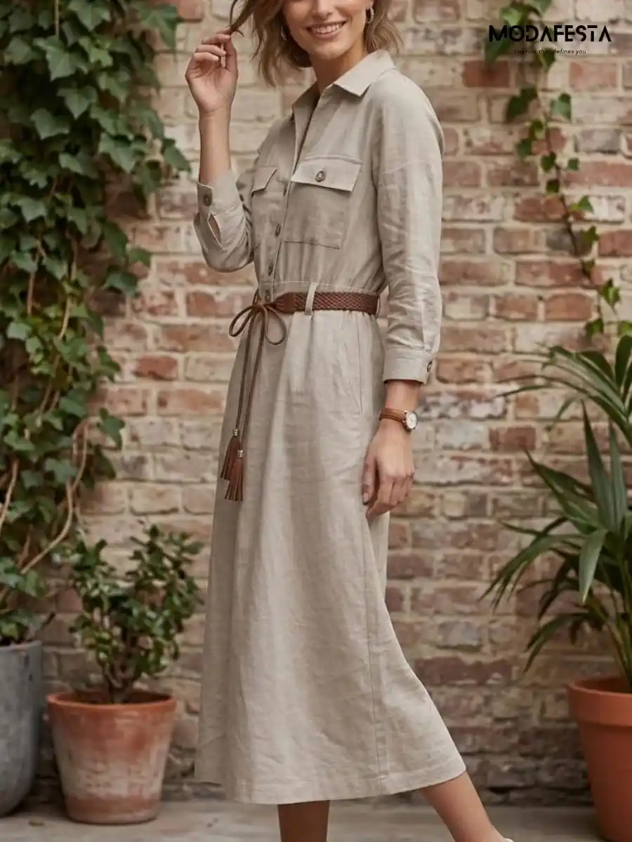 ModaFesta -elegant-linen-cotton-dress-with-belt-beige