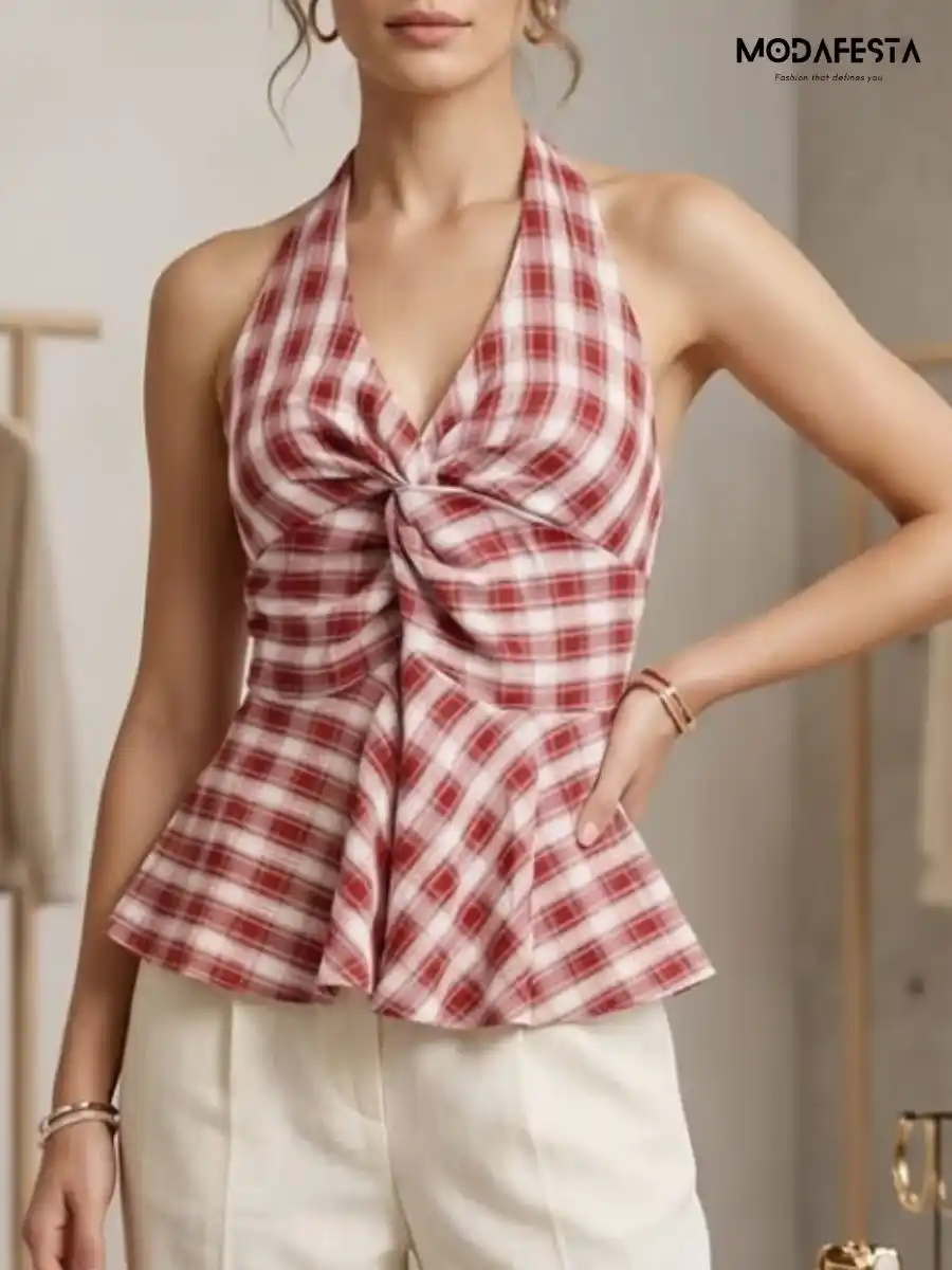 ModaFesta -classy-style-chex-halter-neck-top-red