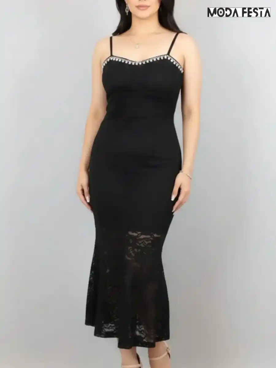 ModaFesta -elegant-lace-style-dress-with-pearl-black