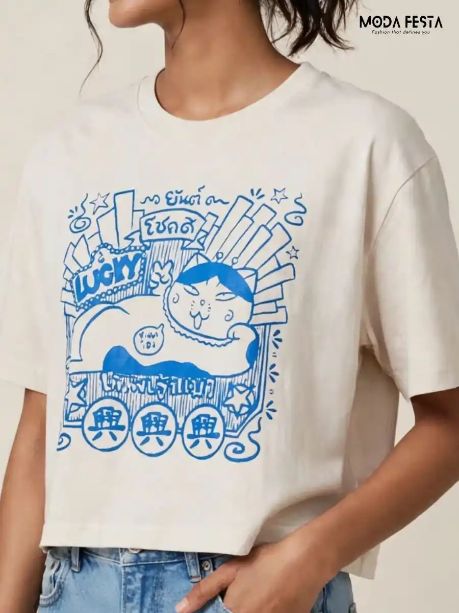 ModaFesta -lucky-cat-graphic-print-crop-t-shirt