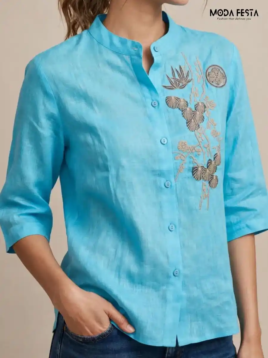 ModaFesta -sky-blue-embroidered-button-down-top
