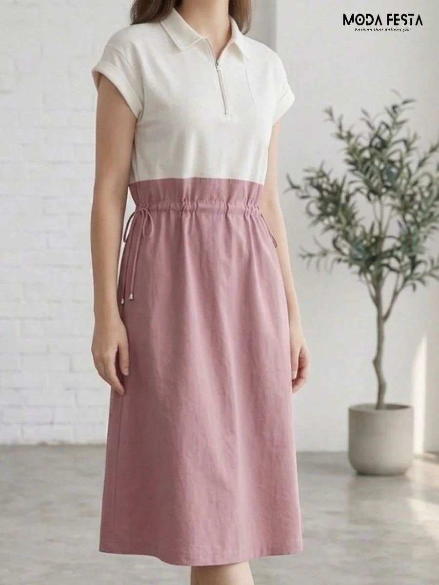 ModaFesta -polo-collar-shirt-dress-or-casual-drawstring-midi-mini-dress