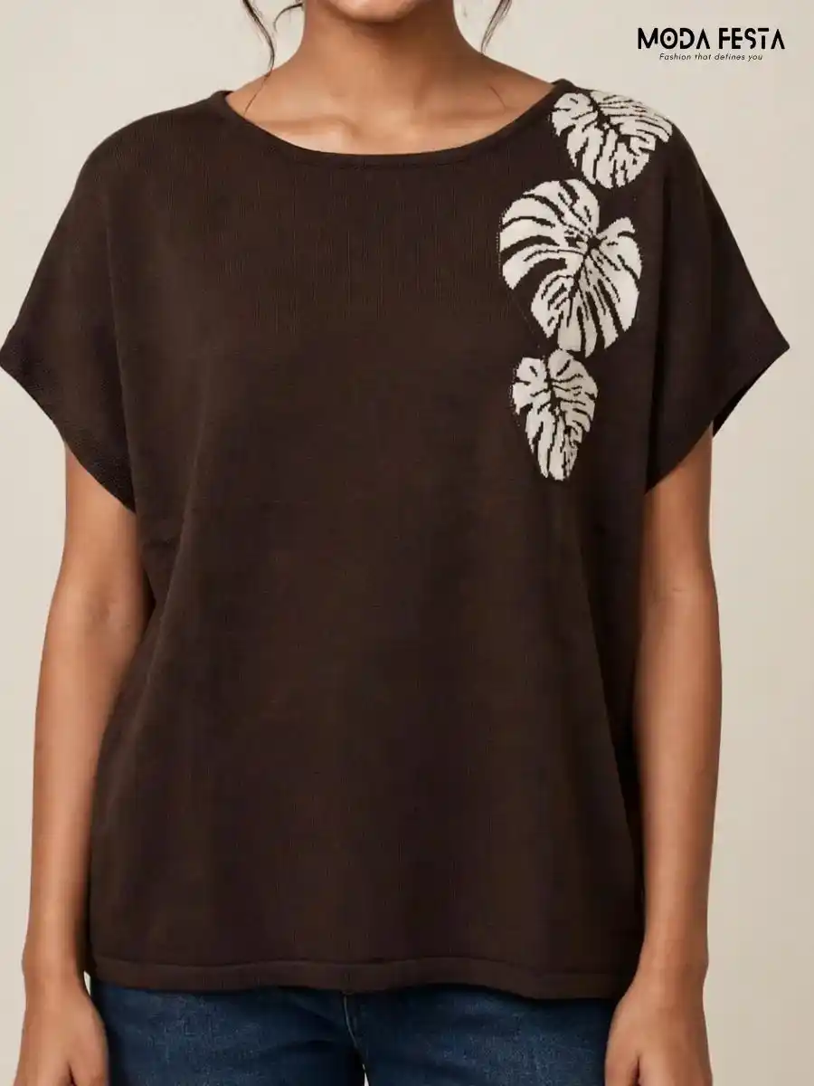 ModaFesta -brown-white-leaf-motif-short-sleeve-knit-top