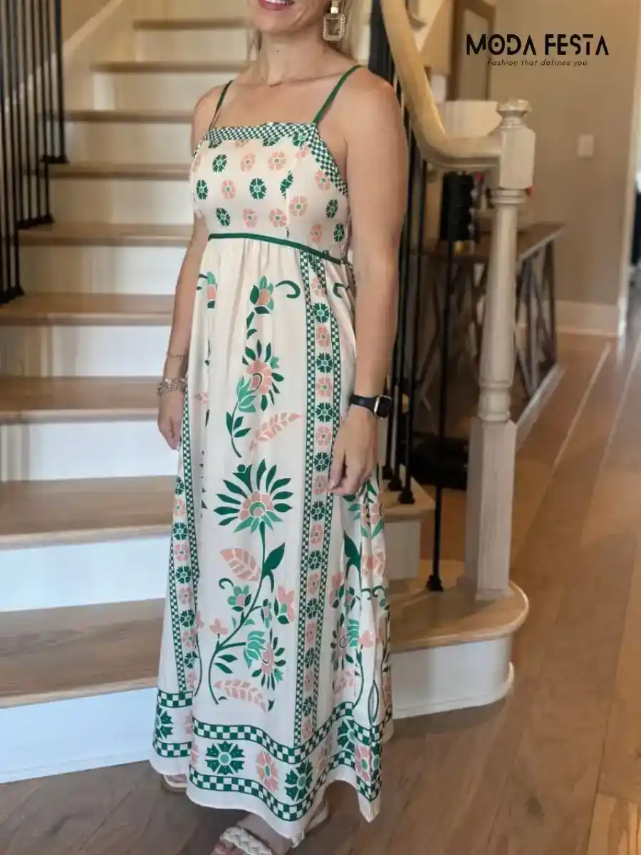 ModaFesta -elegant-floral-print-dress-beige-green