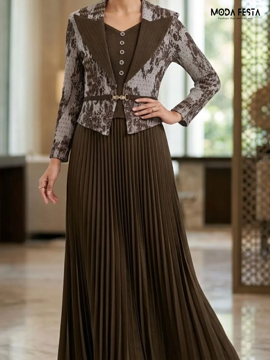 Evelyn Pleated Maxi Dress & Jacquard Jacket Set