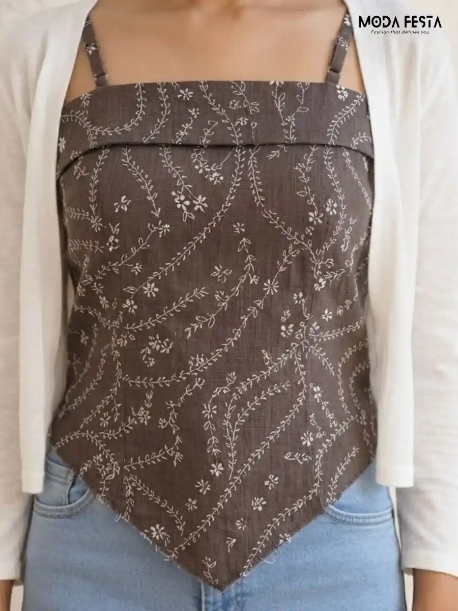 ModaFesta -brown-floral-print-asymmetric-hem-cami-top-white-shrug