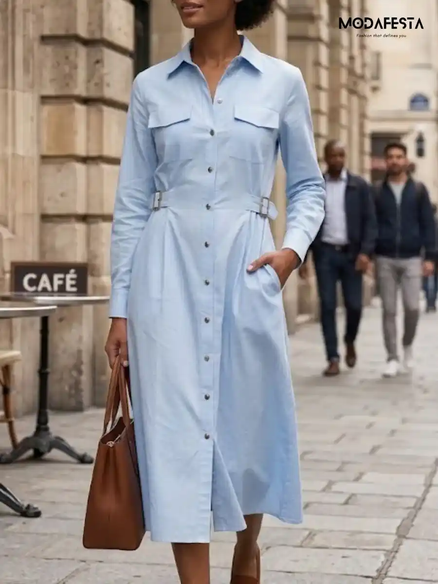 ModaFesta -elegant-cotton-dress-side-belt-style-sky-blue