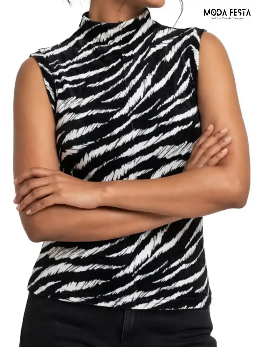 ModaFesta -black-and-white-zebra-print-mesh-mock-neck-top