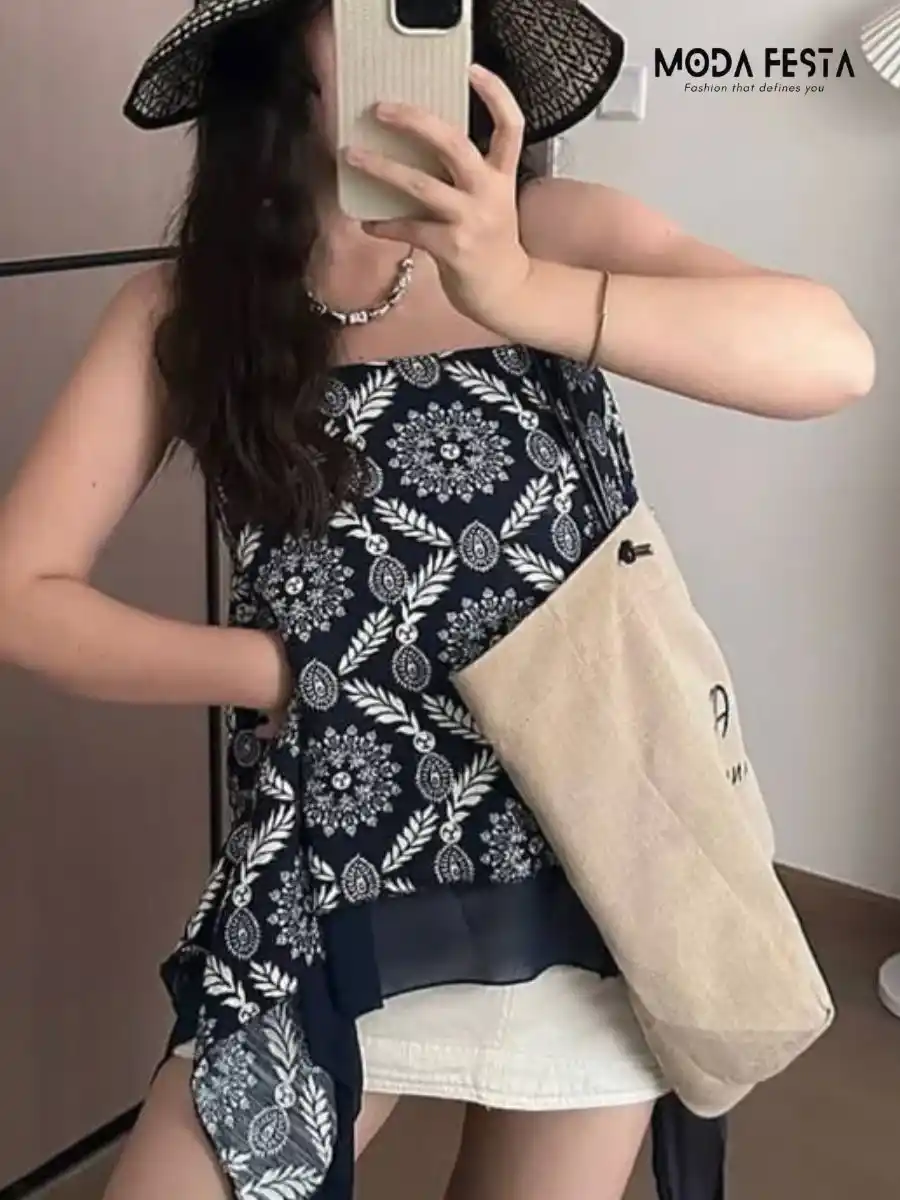 ModaFesta -stylish-floral-print-a-line-top-black