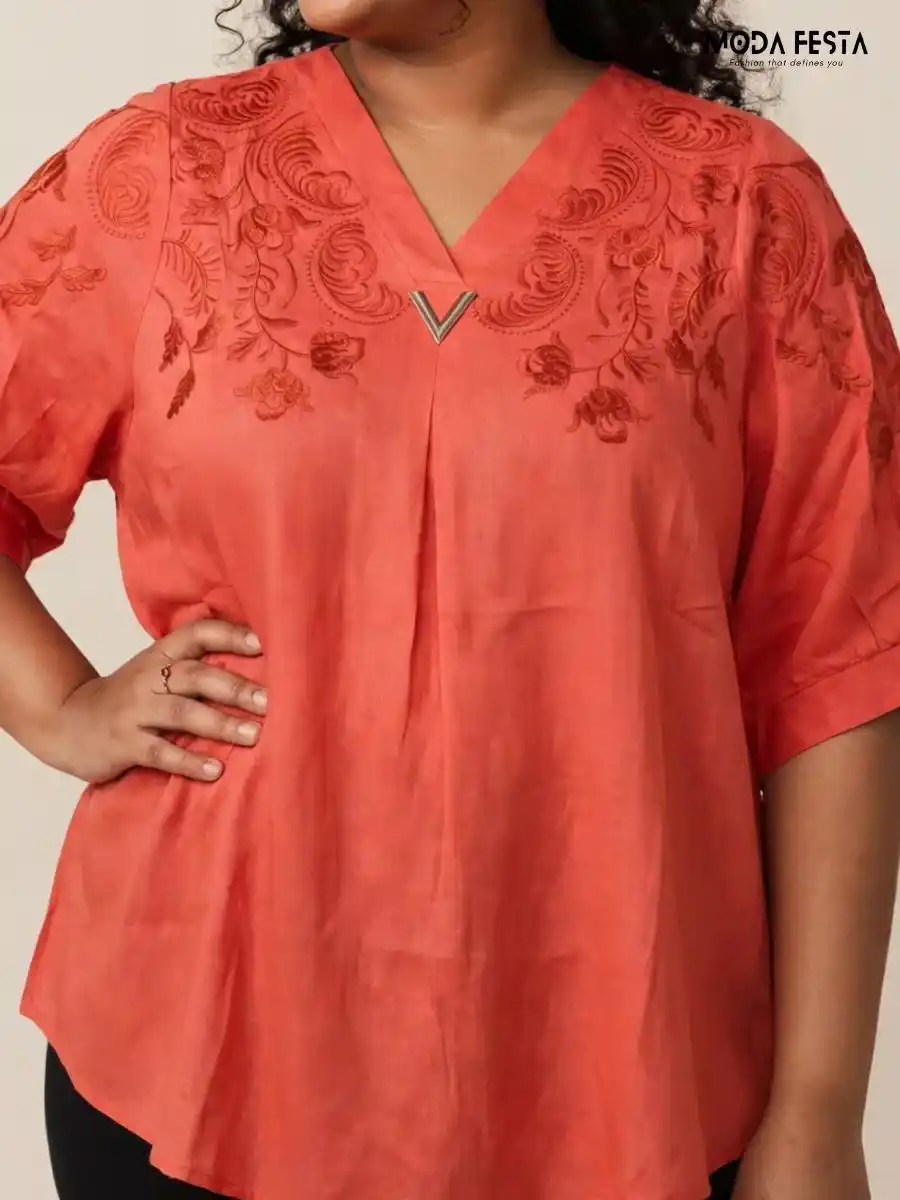 ModaFesta -coral-embroidered-v-neck-top