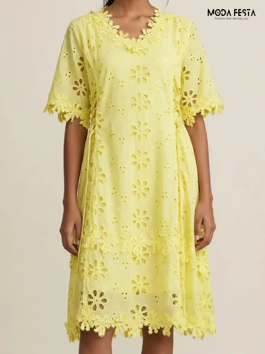 Yellow Laser-Cut Eyelet Dress