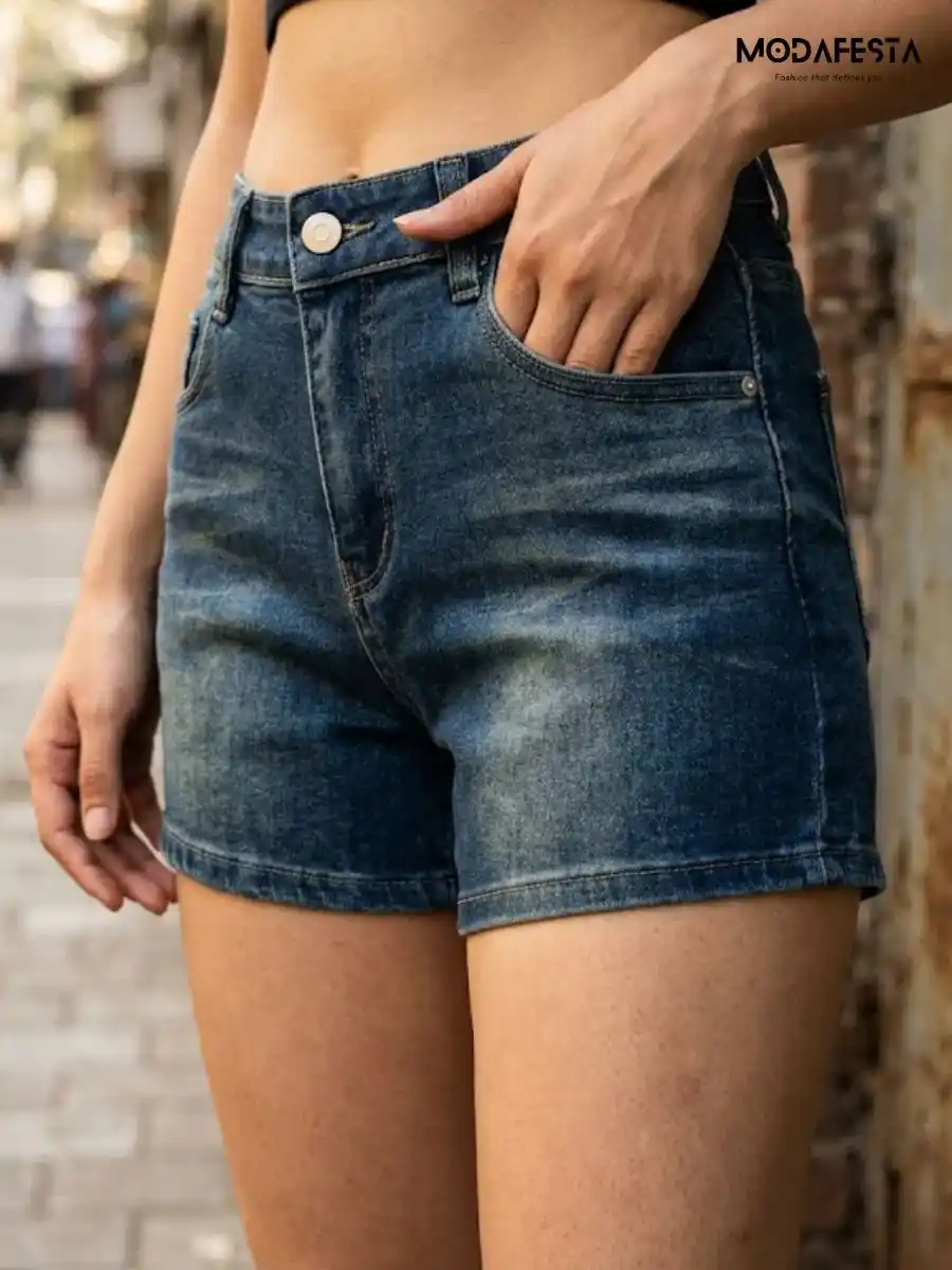 ModaFesta -elegant-vintage-wash-denim-shorts-blue