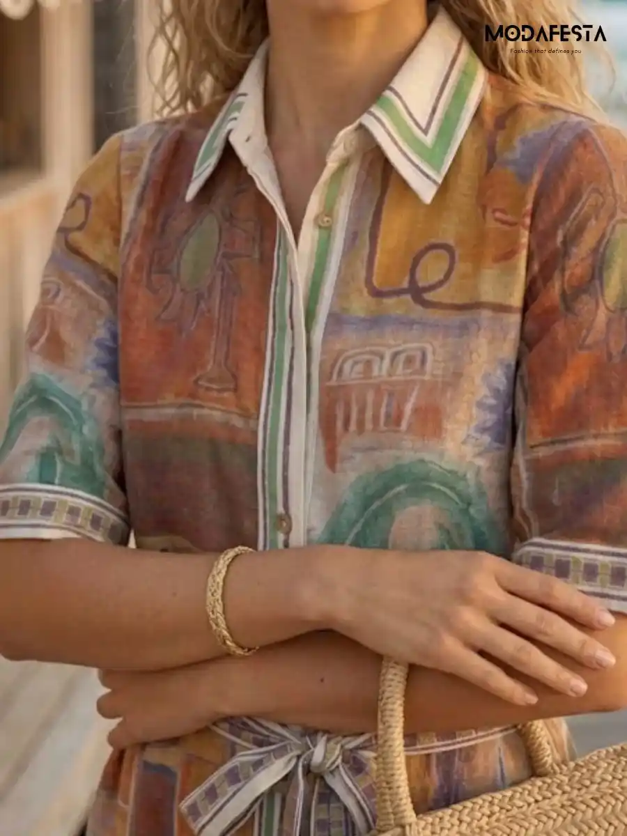 ModaFesta -elegant-abstract-print-mini-shirt-dress-brown